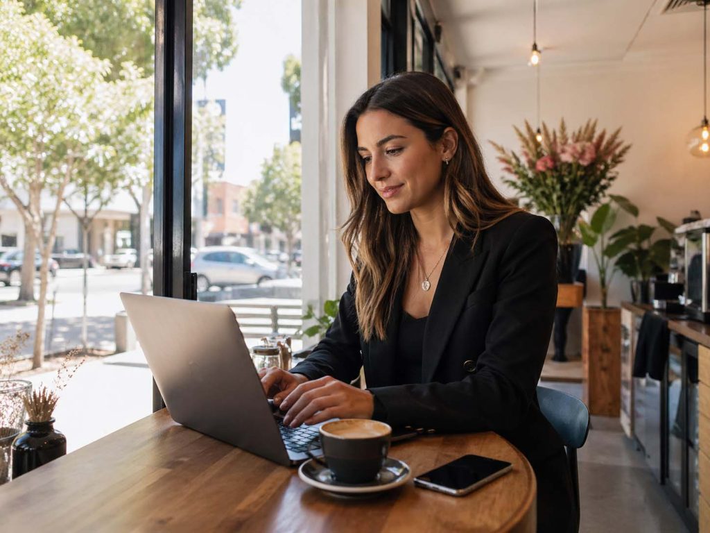 Woman using a laptop in an Albert Park café for local SEO and business growth