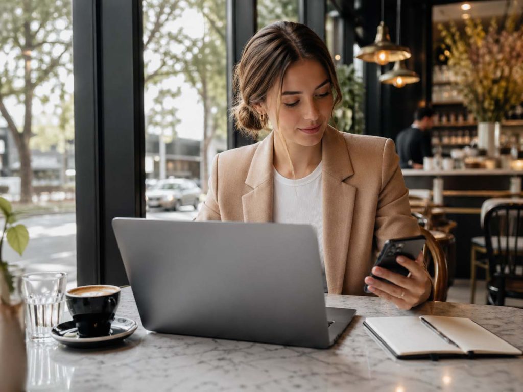 Woman using a laptop in a Balwyn café while working on local SEO and Google rankings