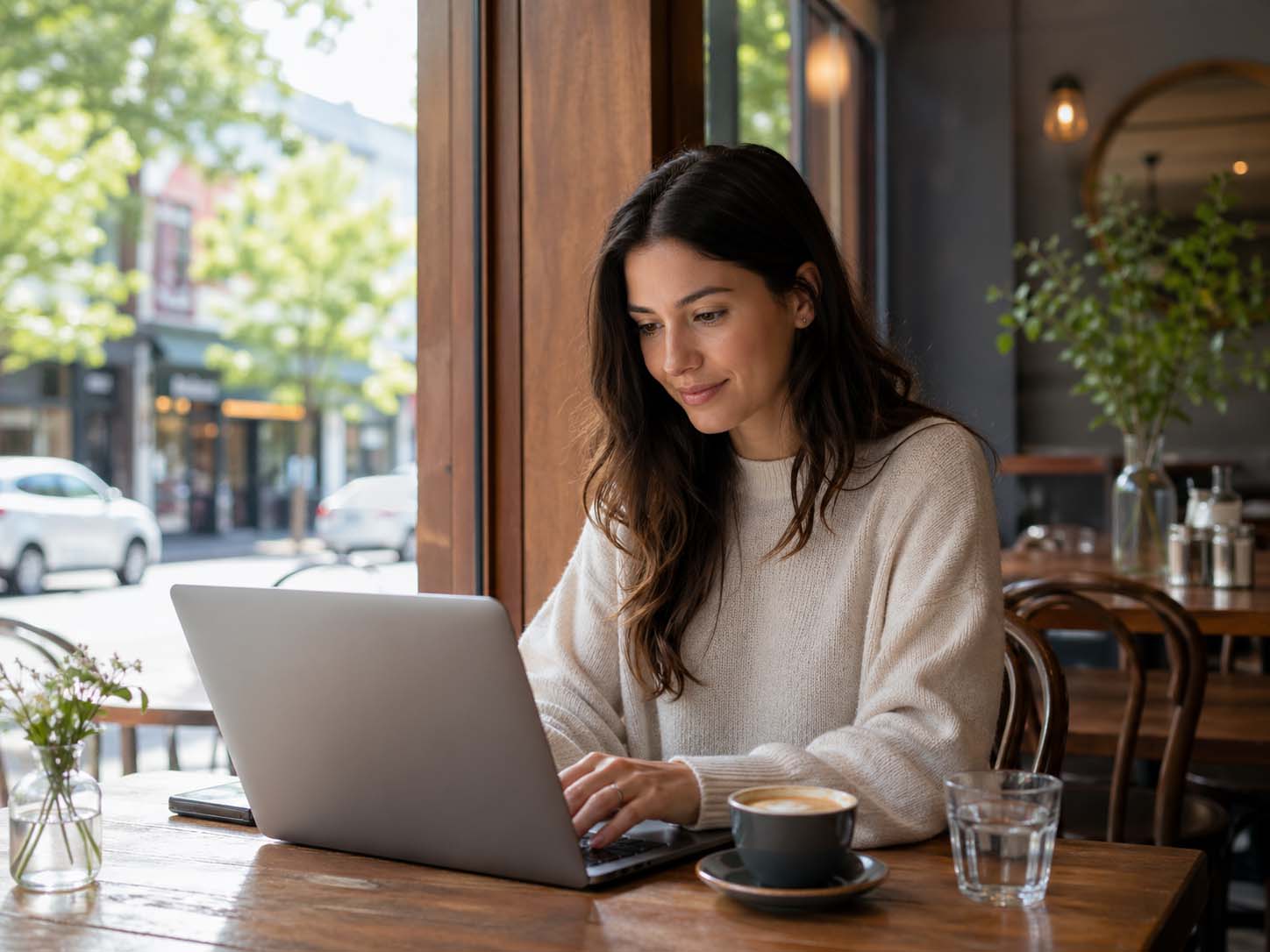 Woman using a laptop in a Camberwell café for local SEO services and online visibility