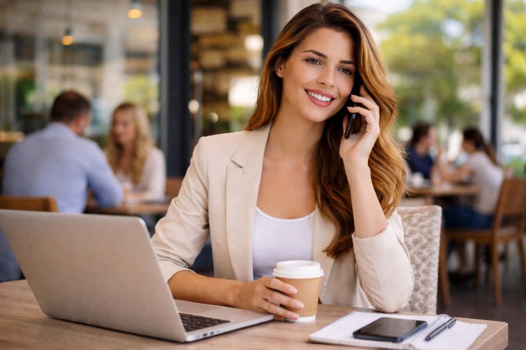 Young attractive woman in Albury cafe on phone representing local SEO Albury and digital marketing support