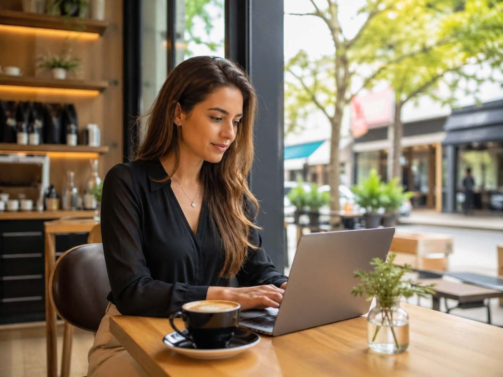 Woman using a laptop in a Malvern café for local SEO services and online visibility