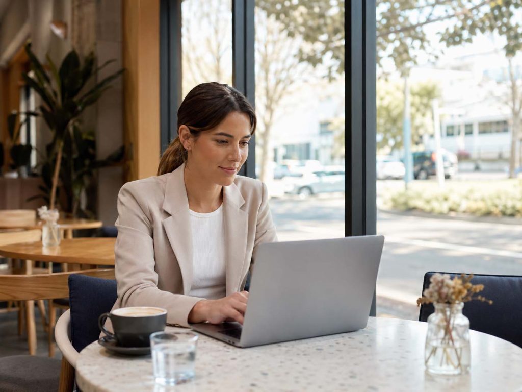 Woman using a laptop in a Port Melbourne café for local SEO and business growth