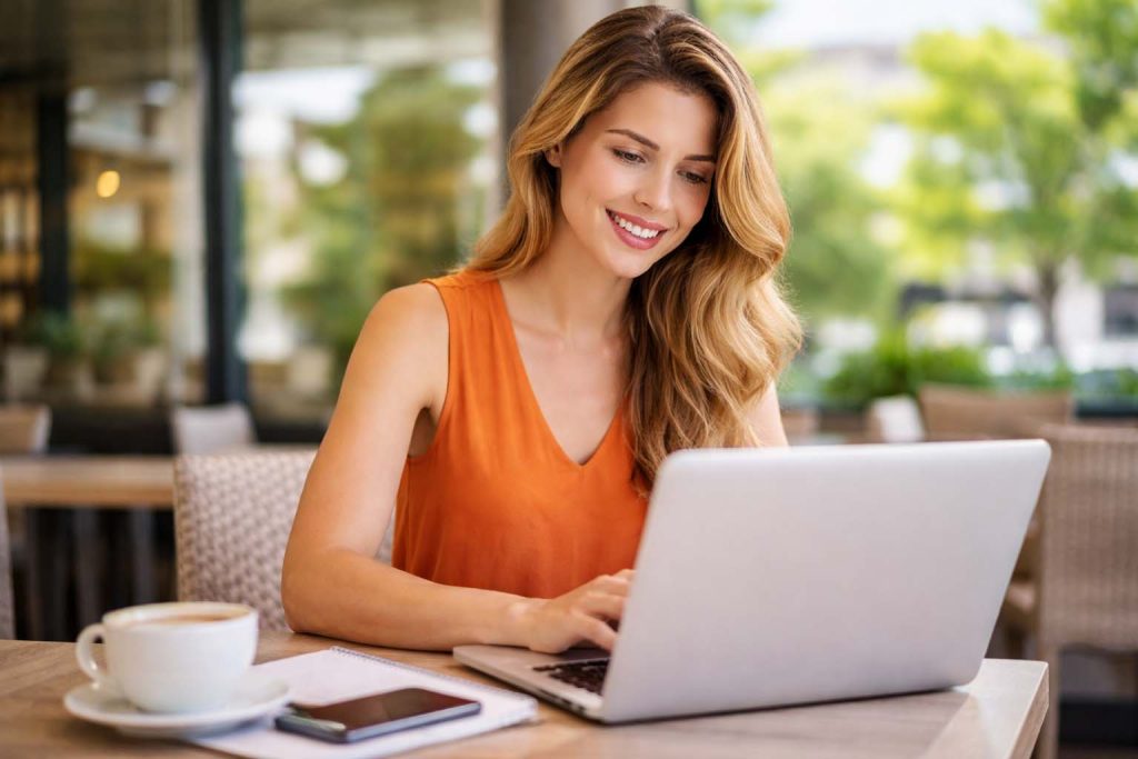 Young attractive woman on laptop researching SEO Albury services for local business growth
