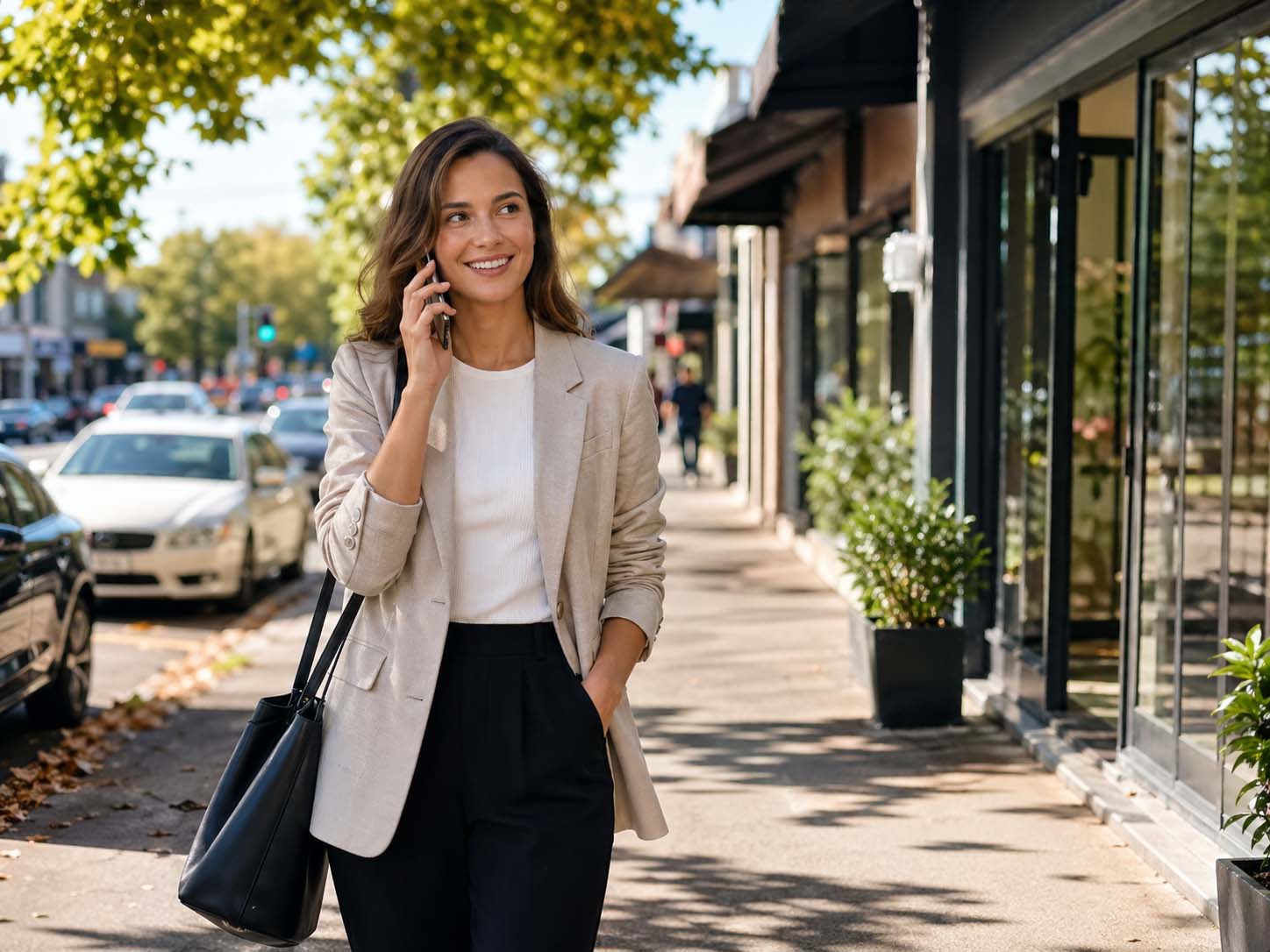 Business woman on the phone near Balwyn shops discussing SEO Balwyn services for local business visibility