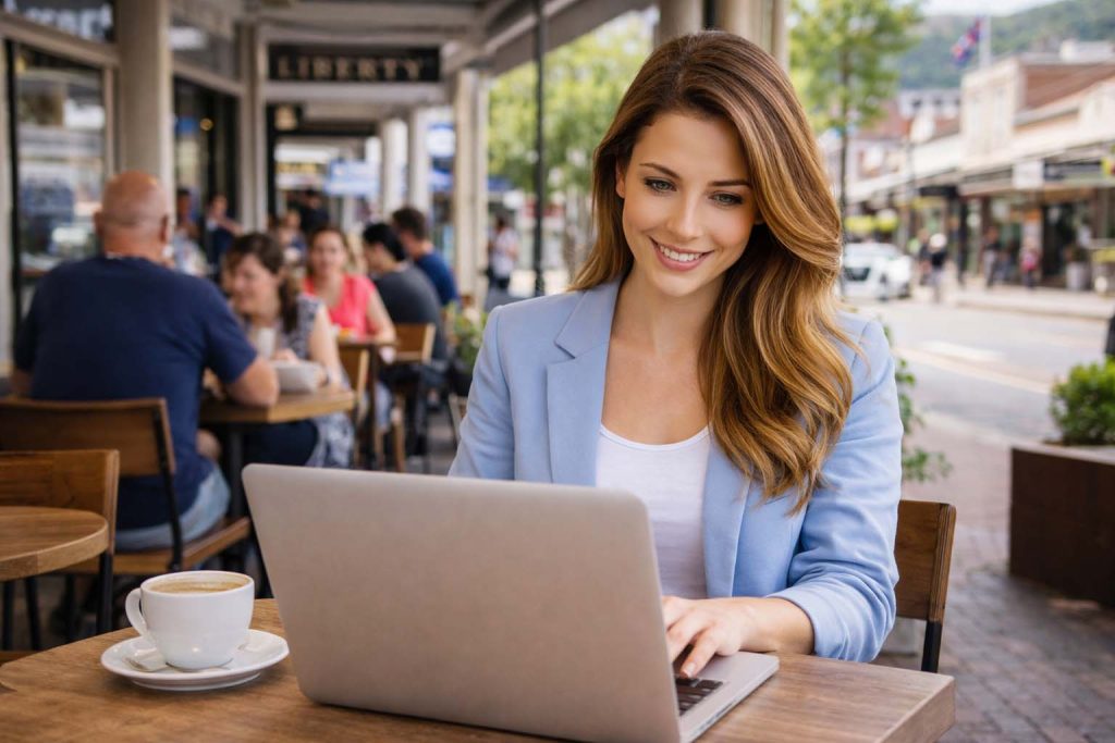 Young attractive woman on phone promoting local SEO North Albury and online visibility for businesses