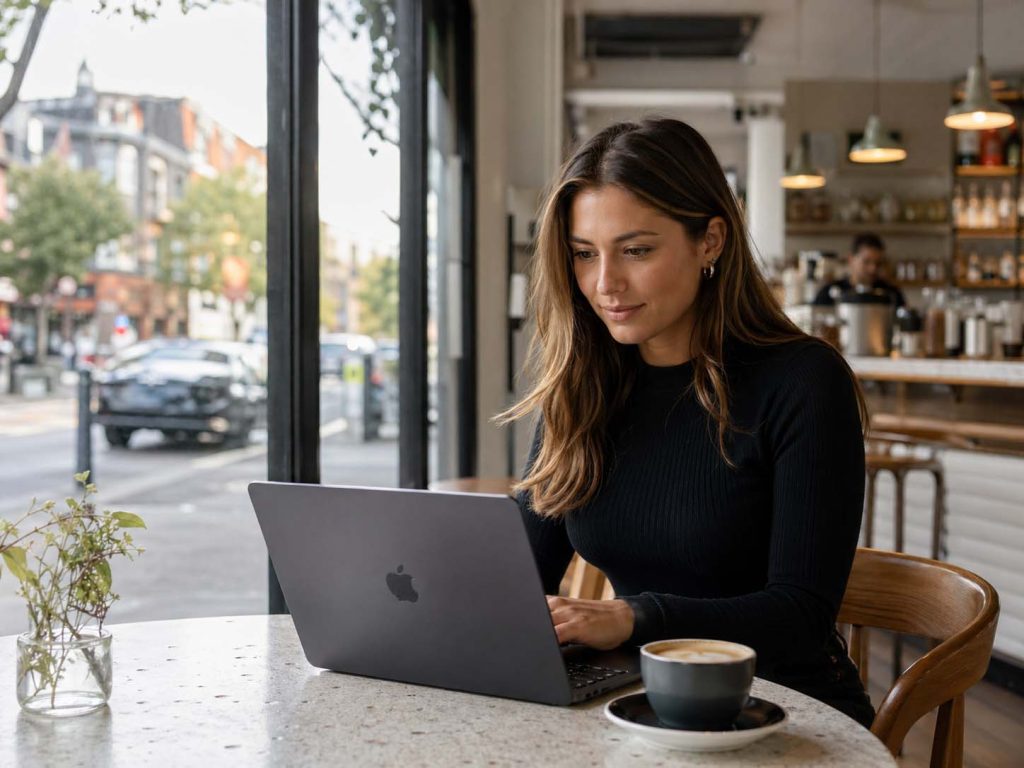 Woman using a laptop in a South Melbourne café for local SEO and online business growth