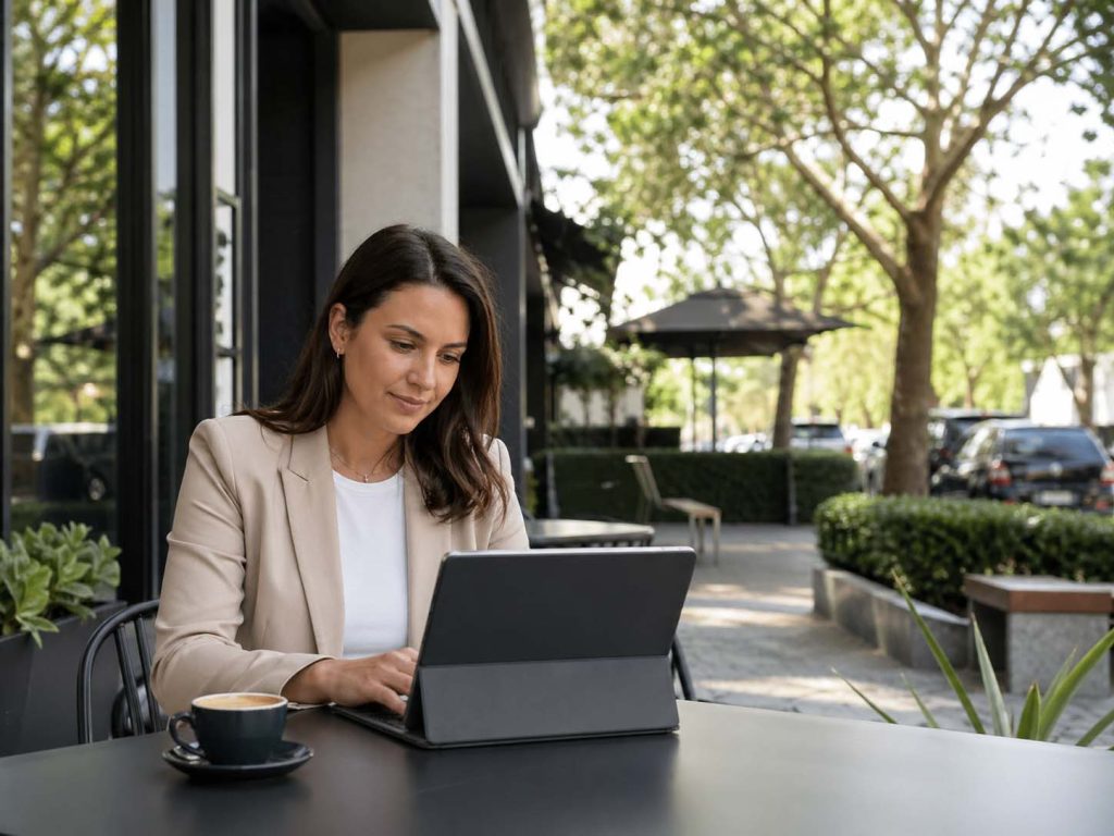Woman using laptop in Kew café representing Kew SEO services for local businesses wanting more website traffic and leads.