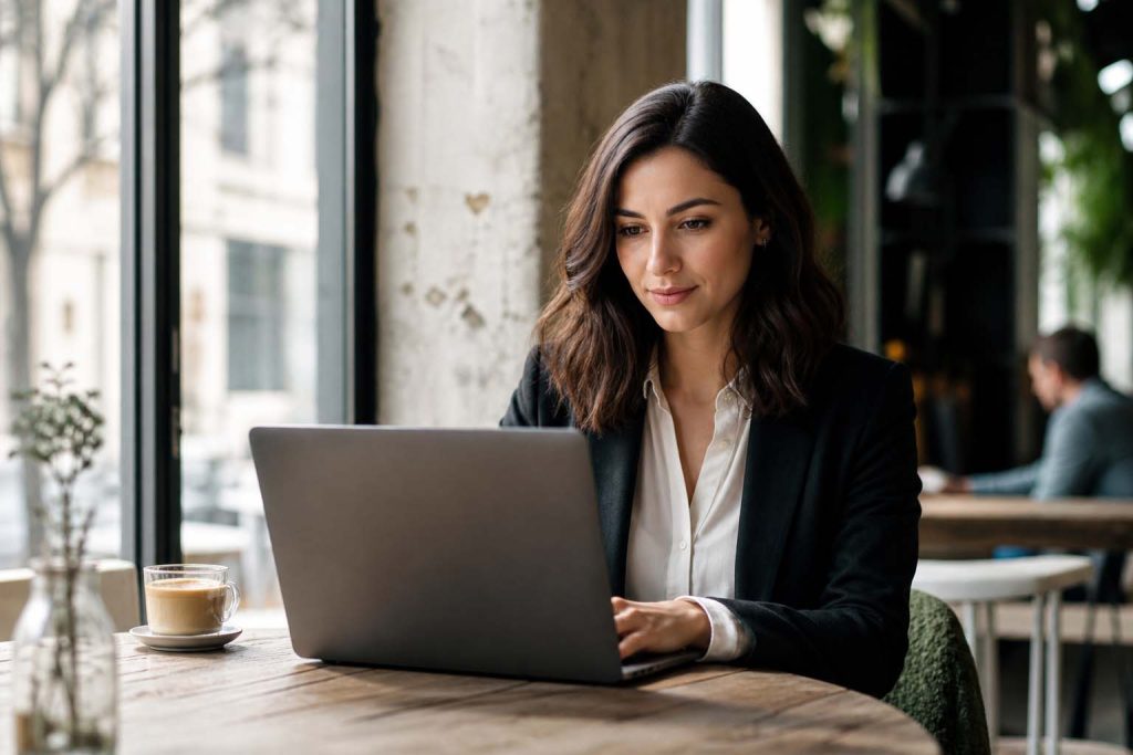 Young business woman using a laptop in an Abbotsford café for local SEO and digital marketing