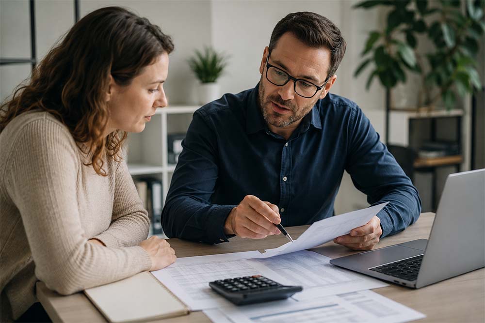 Accountant discussing paperwork with a client, representing local SEO for accountants, trust content and client consultation enquiries.