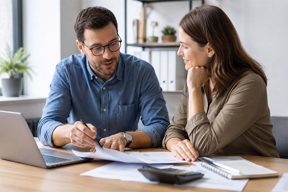 Accountant reviewing financial documents with a client, representing accounting firm SEO, tax service pages and bookkeeping visibility.