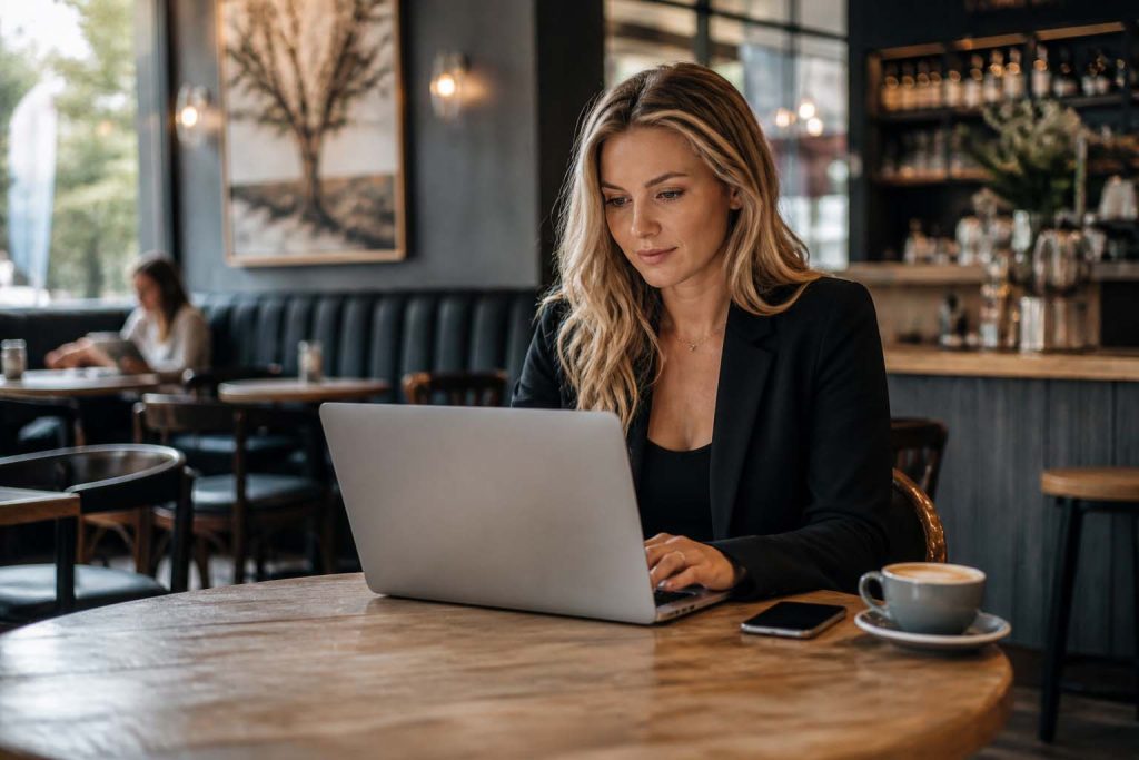 Woman using a laptop in an Armadale café while planning local SEO for her business