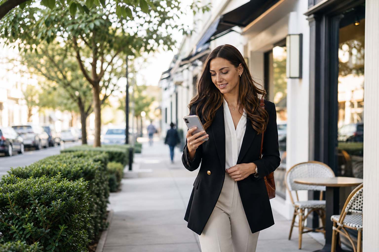 Professional woman using her phone outdoors in Brighton, Melbourne
