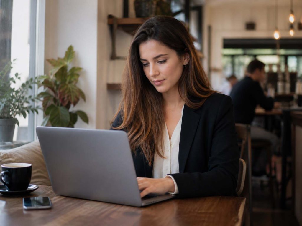 Young woman using a laptop in a Broadmeadows café for local SEO and Google rankings.