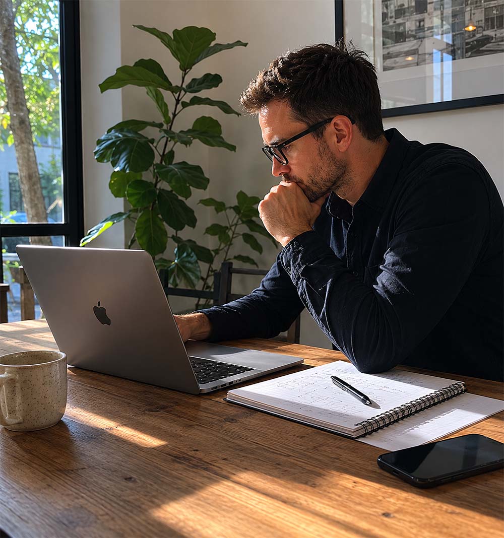 Businessman using a laptop while planning AI optimisation and SEO strategy to help his business appear in better search results.