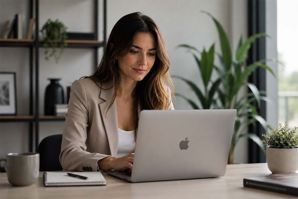 Woman working on a laptop to create a strong AI optimisation service page for her business so it appears in ai search engines.