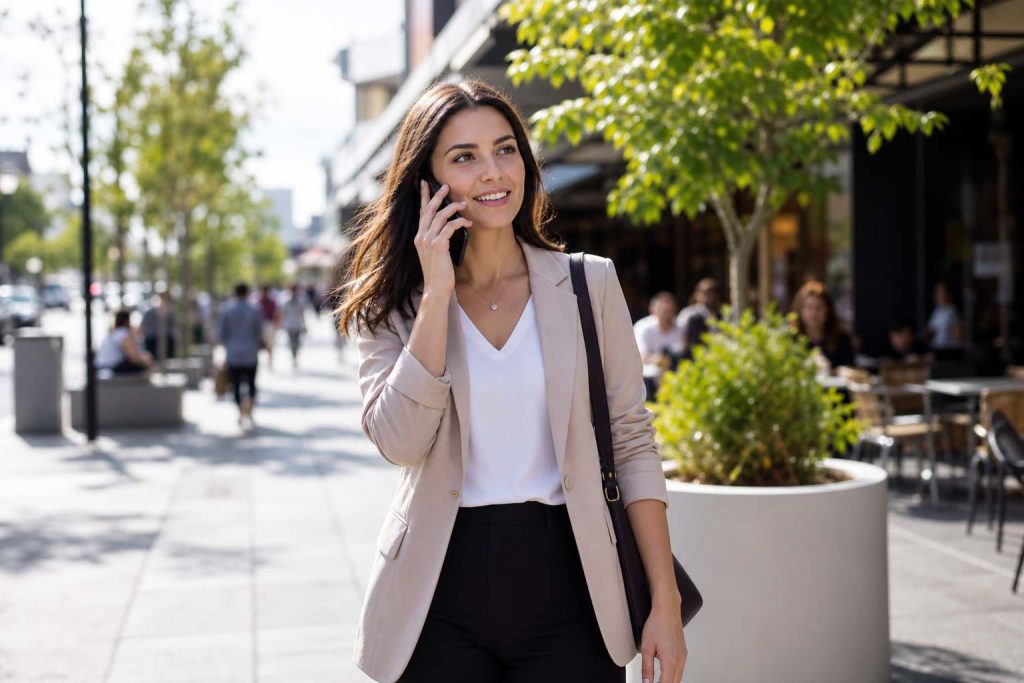 Professional woman on the phone near Dandenong shops for SEO Dandenong business marketing