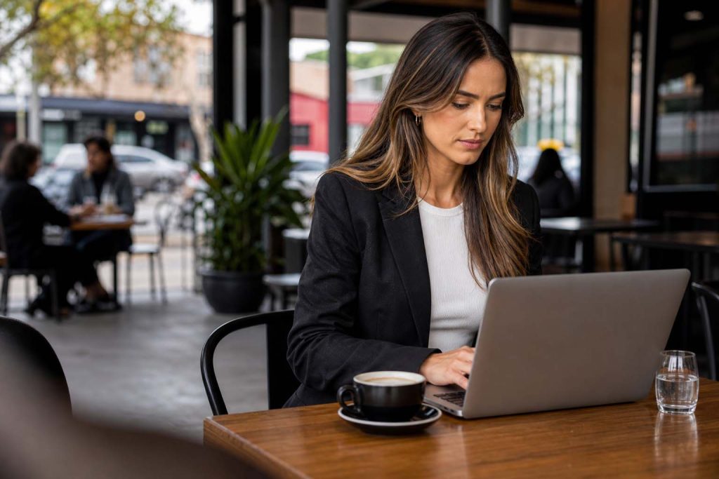 Woman using a laptop in a Dandenong café while planning local SEO for a small business