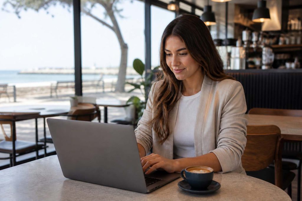Woman using a laptop in a Frankston café while planning local SEO for a small business
