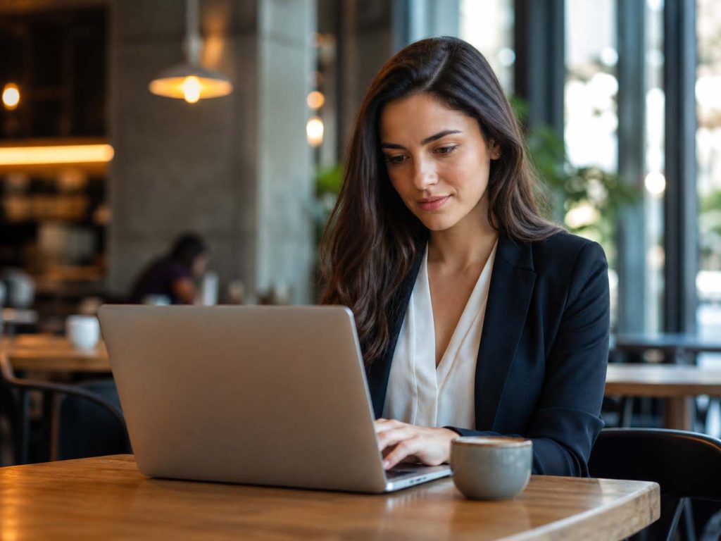 Business woman using a laptop for international SEO services and global search strategy