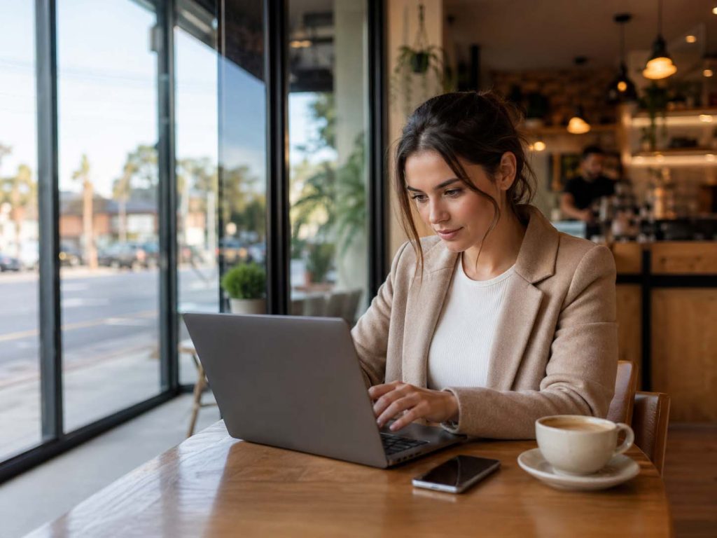 Woman using a laptop in a Moorabbin café while planning local SEO for her business