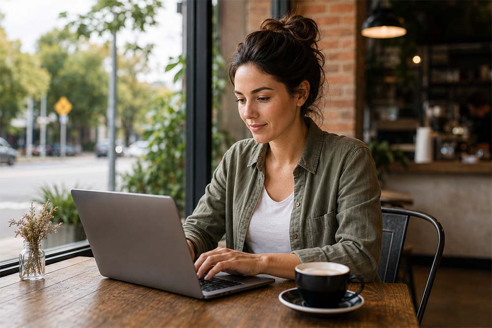 Woman using a laptop in a Narre Warren café while reviewing local SEO strategy
