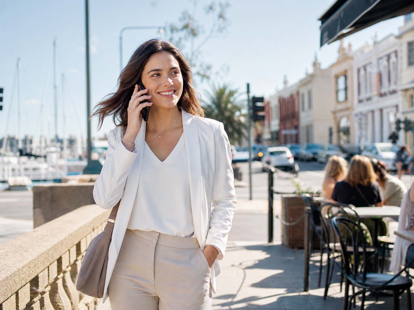 Business woman on the phone near Nelson Place for SEO Williamstown local business marketing