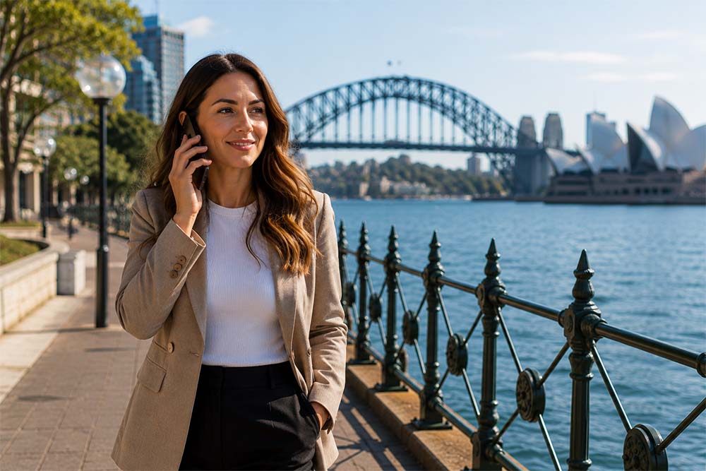 Businesswoman on the phone seo consulting alongside the Sydney Harbour
