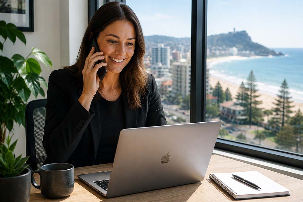 Woman using a laptop in a Wollongong café while reviewing local SEO strategy