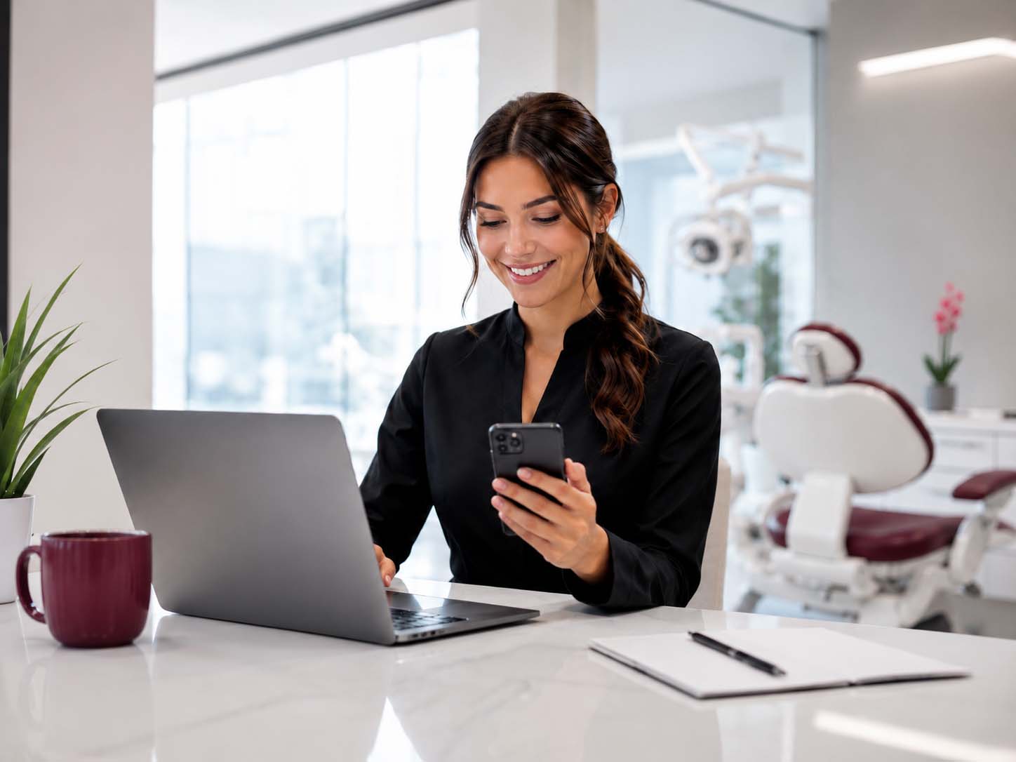 Dental SEO Strategy for Patient Enquiries Professional woman reviewing dental SEO strategy for a dental clinic