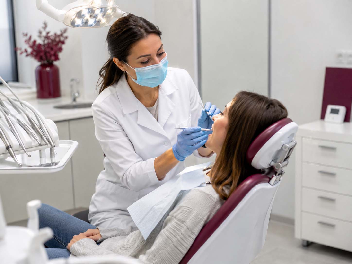 Female dentist performing a dental check-up in a modern clinic, supporting Dental SEO content for clinics wanting more patient enquiries.