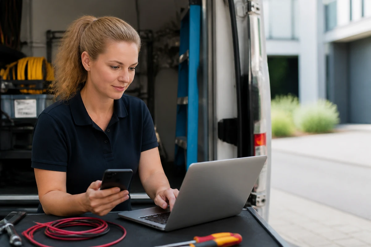 Professional business owner reviewing online visibility and enquiry opportunities for electricians businesses