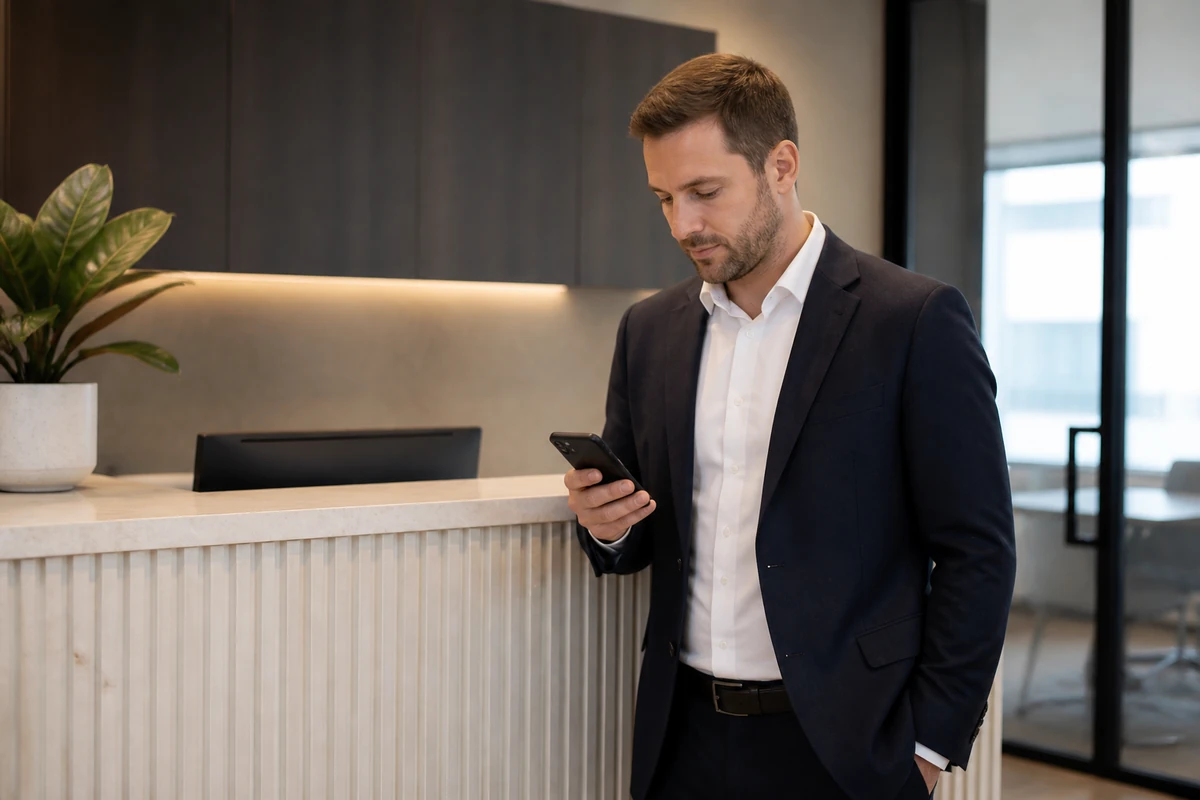 Small law firm owner checking a phone near a simple reception desk