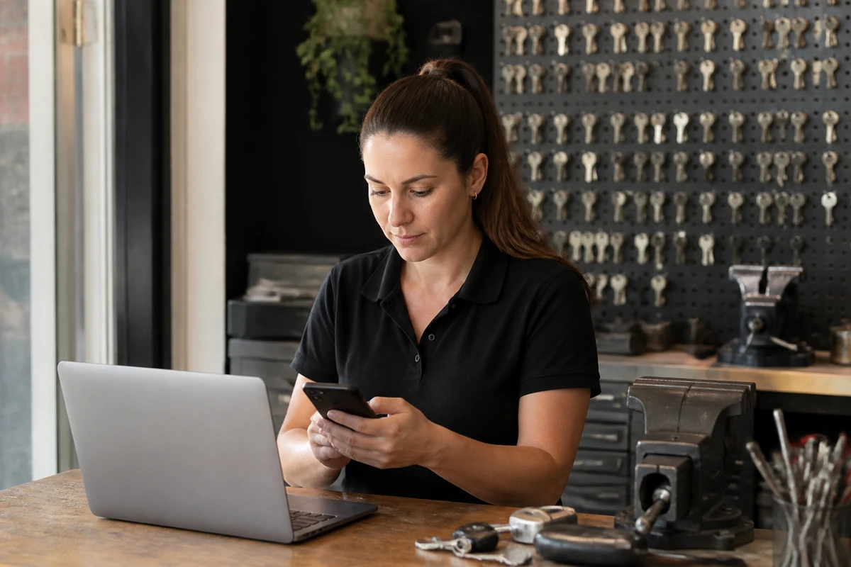 Professional business owner reviewing online visibility and enquiry opportunities for locksmiths businesses