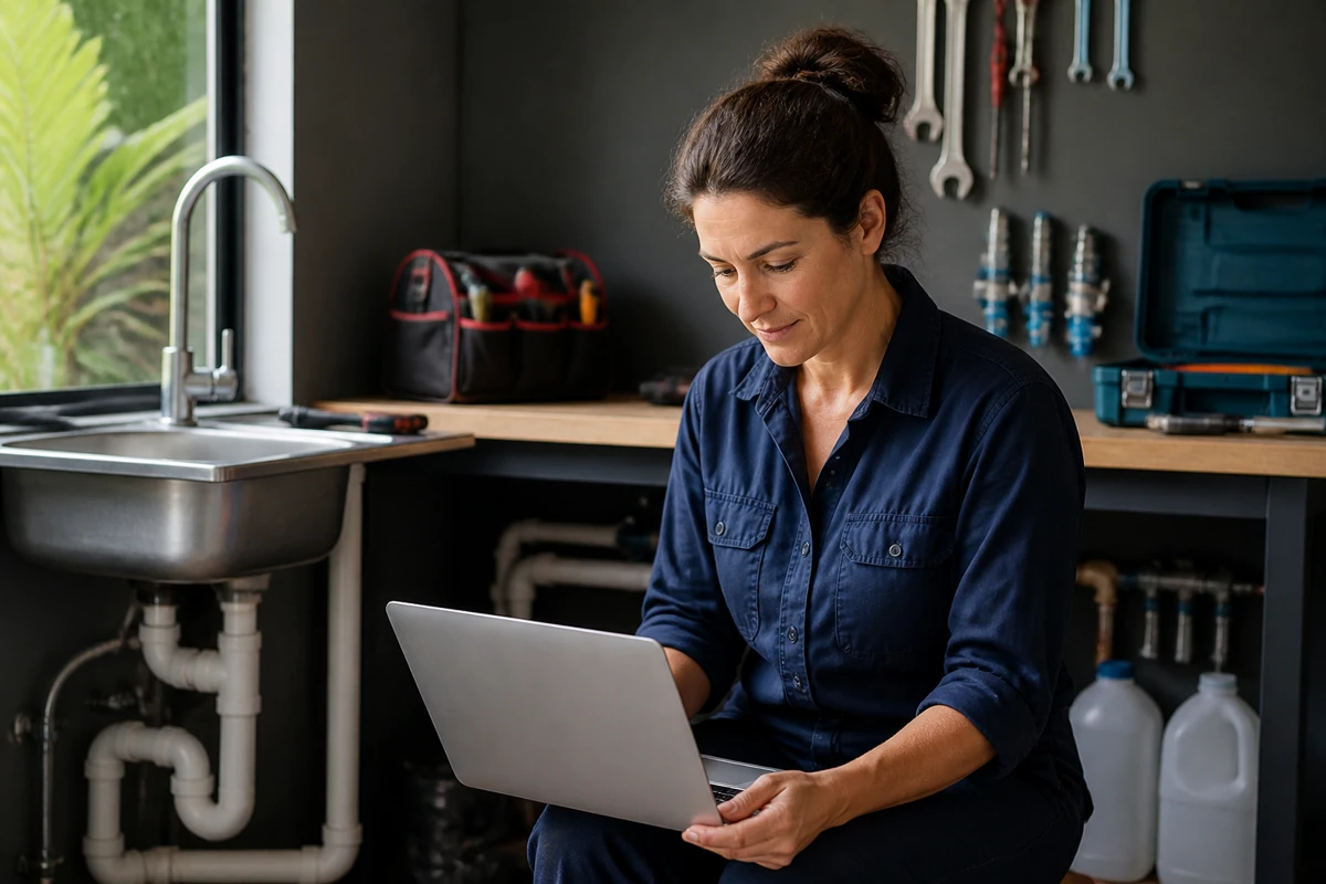 Professional business owner reviewing online visibility and enquiry opportunities for plumbing businesses