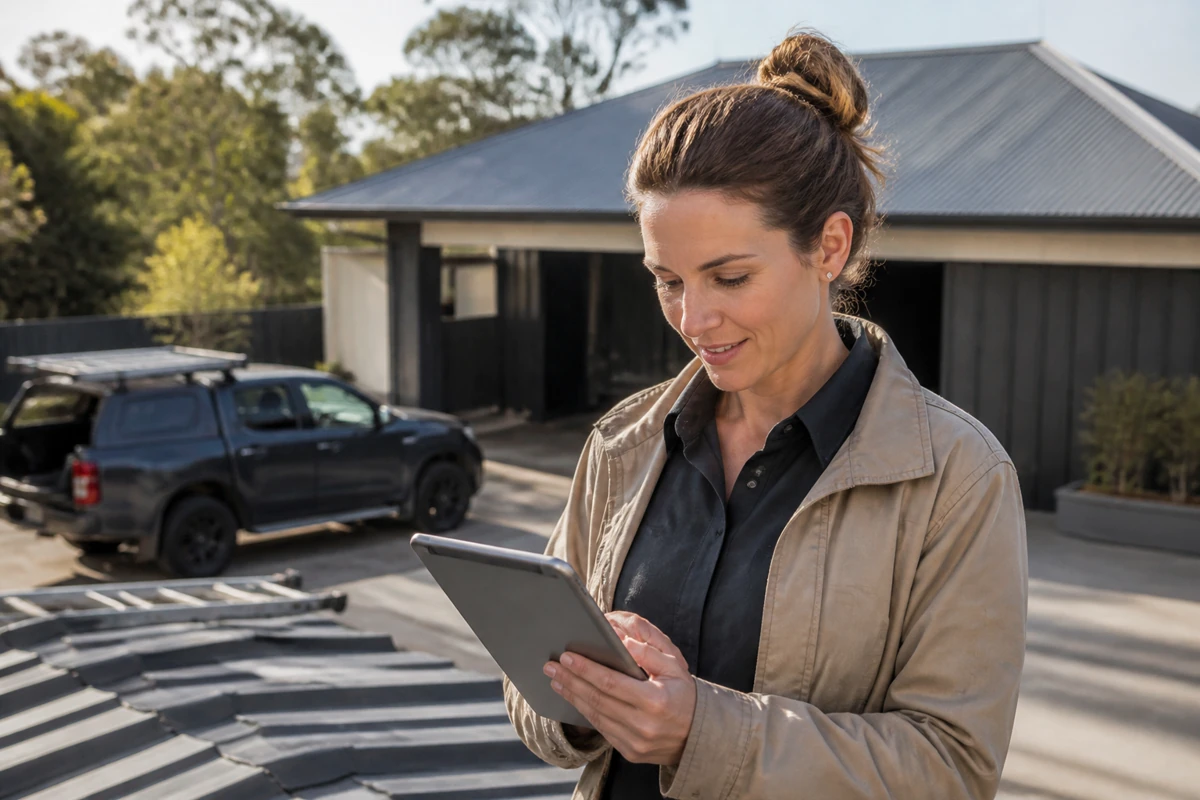 Professional business owner reviewing online visibility and enquiry opportunities for roofing businesses