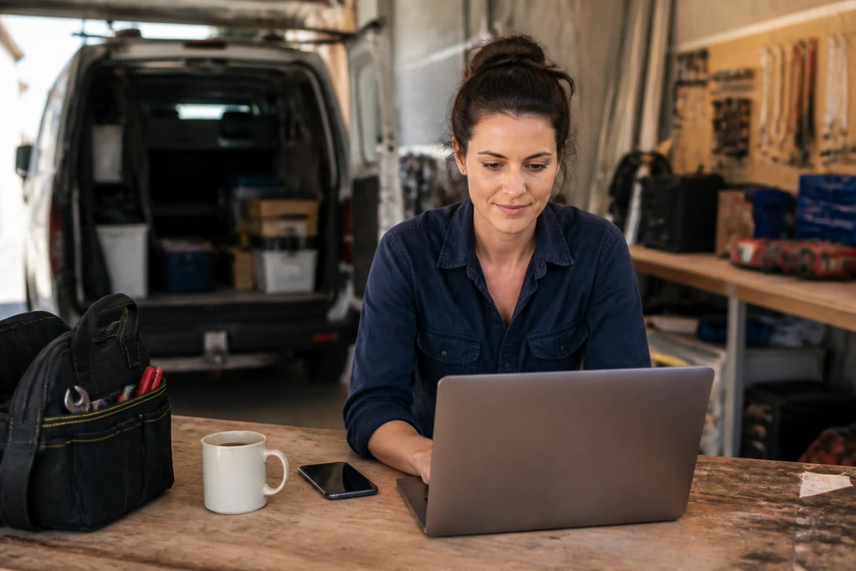 Professional business owner reviewing online visibility and enquiry opportunities for tradies businesses