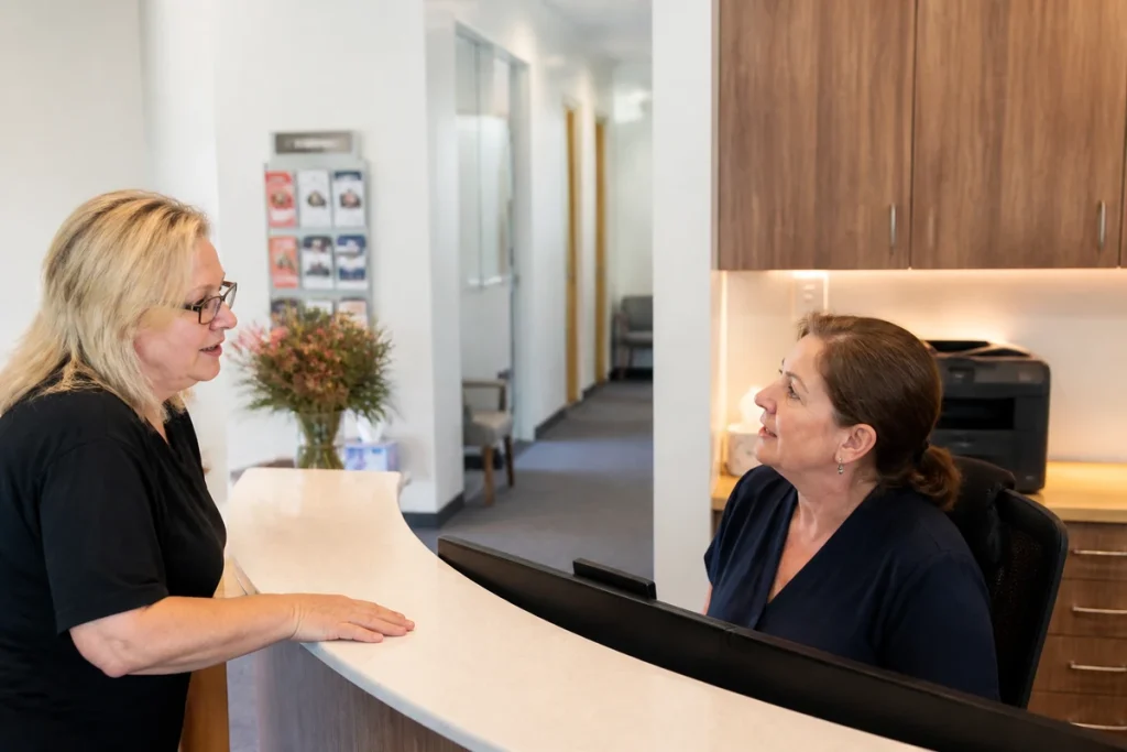 Healthcare clinic staff speaking with a patient about bookings, clinic support and local search visibility