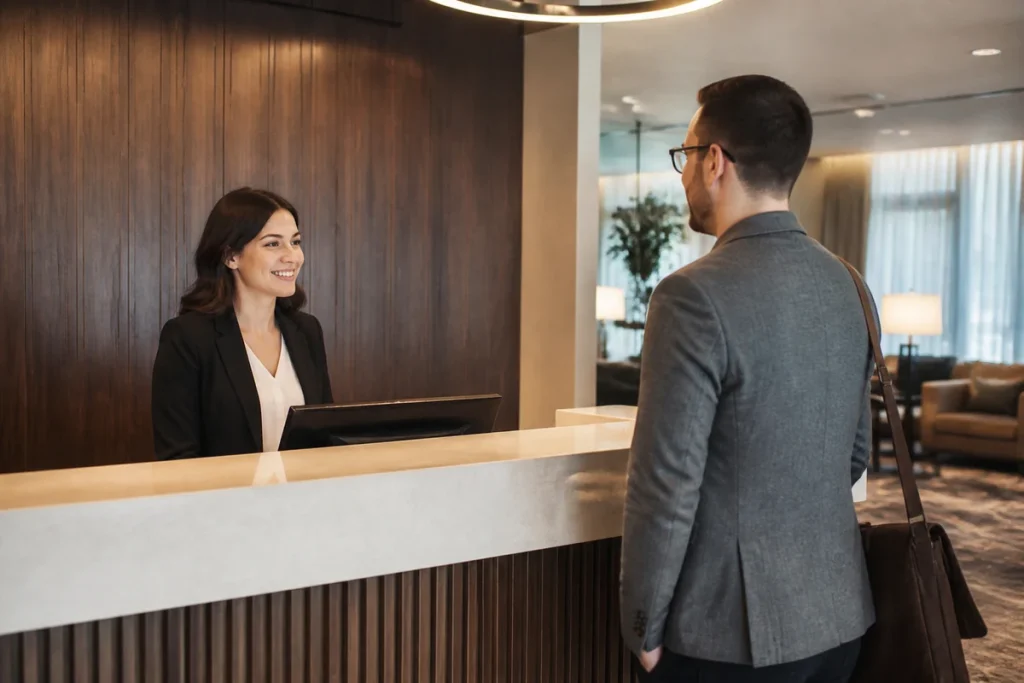 Hotel staff helping a guest at reception while discussing bookings and search visibility