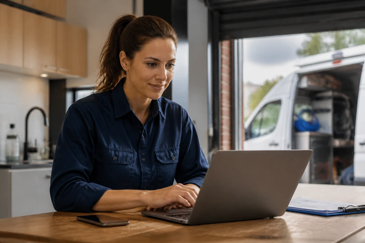 Professional business owner reviewing online visibility and enquiry opportunities for plumbing businesses
