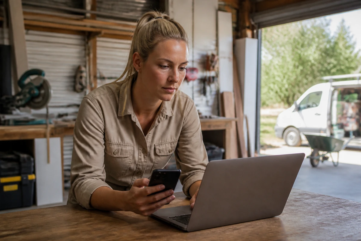 Professional business owner reviewing online visibility and enquiry opportunities for tradies businesses