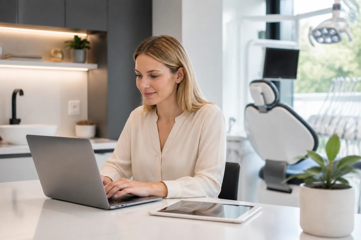 Professional business owner reviewing online visibility and enquiry opportunities for dental businesses
