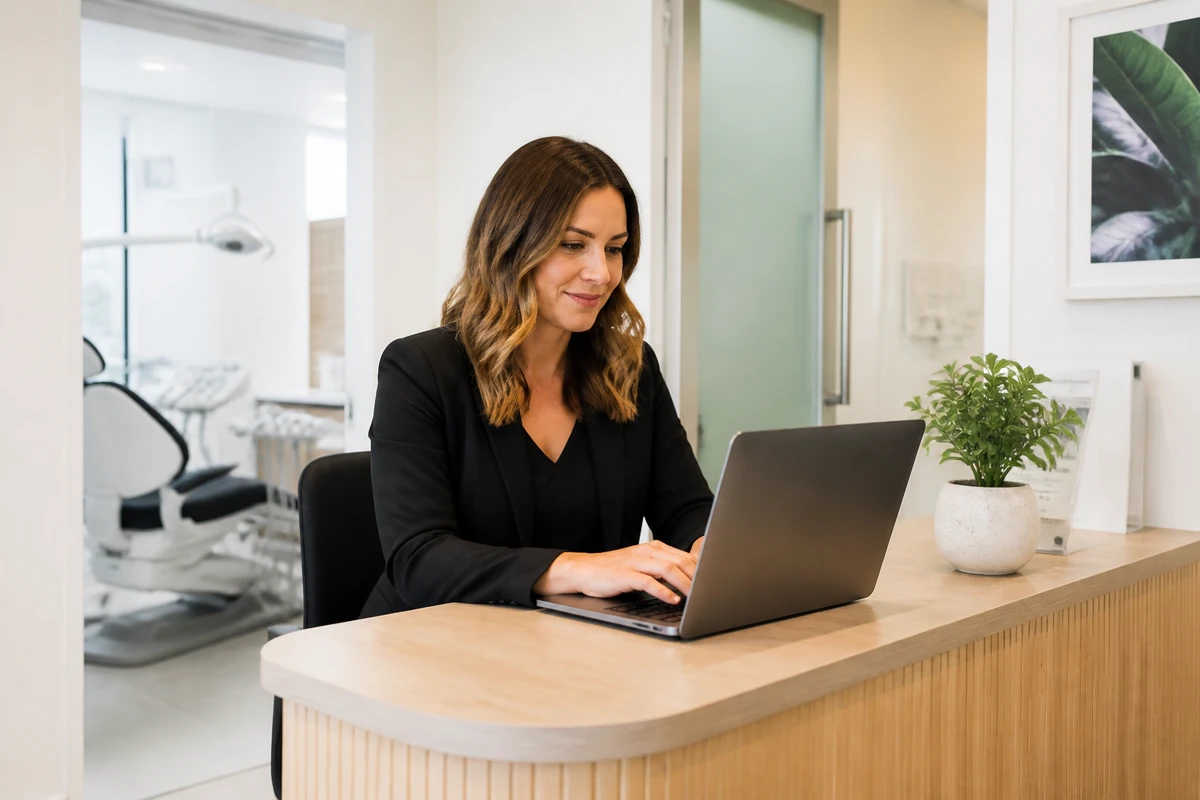 Professional business owner reviewing online visibility and enquiry opportunities for dental businesses