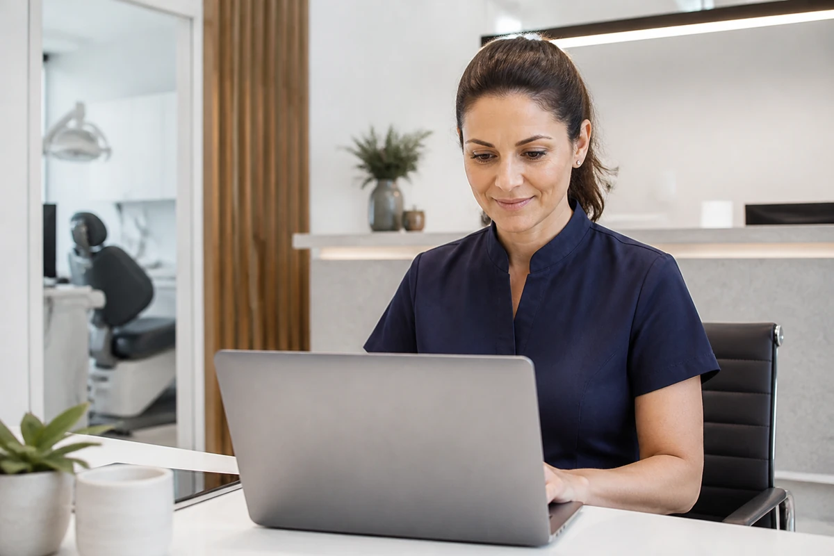 Professional business owner reviewing online visibility and enquiry opportunities for dental businesses