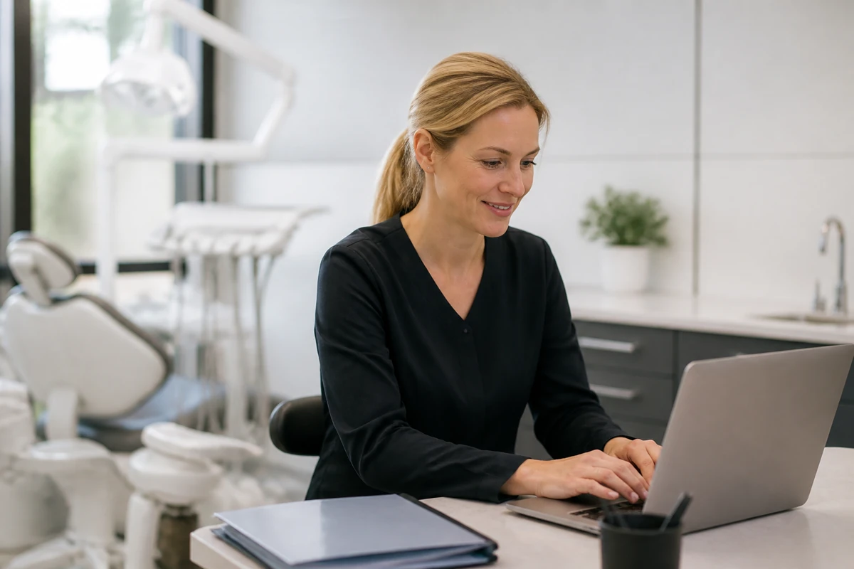 Professional business owner reviewing online visibility and enquiry opportunities for dental businesses