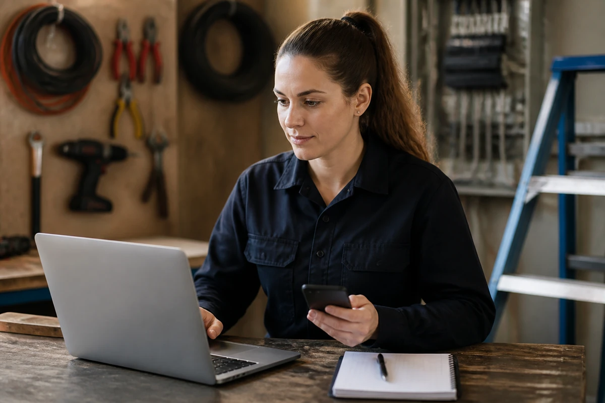 Professional business owner reviewing online visibility and enquiry opportunities for electricians businesses