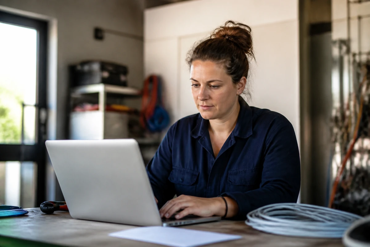 Professional business owner reviewing online visibility and enquiry opportunities for electricians businesses