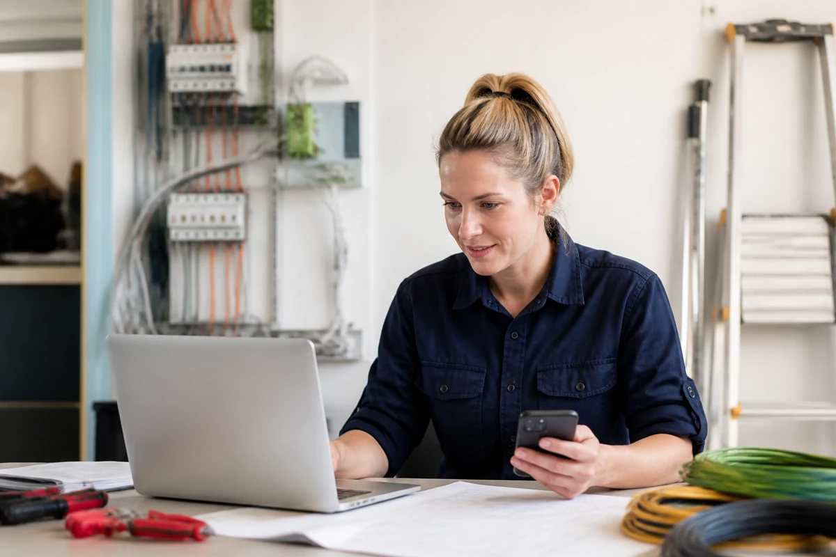 Professional business owner reviewing online visibility and enquiry opportunities for electricians businesses