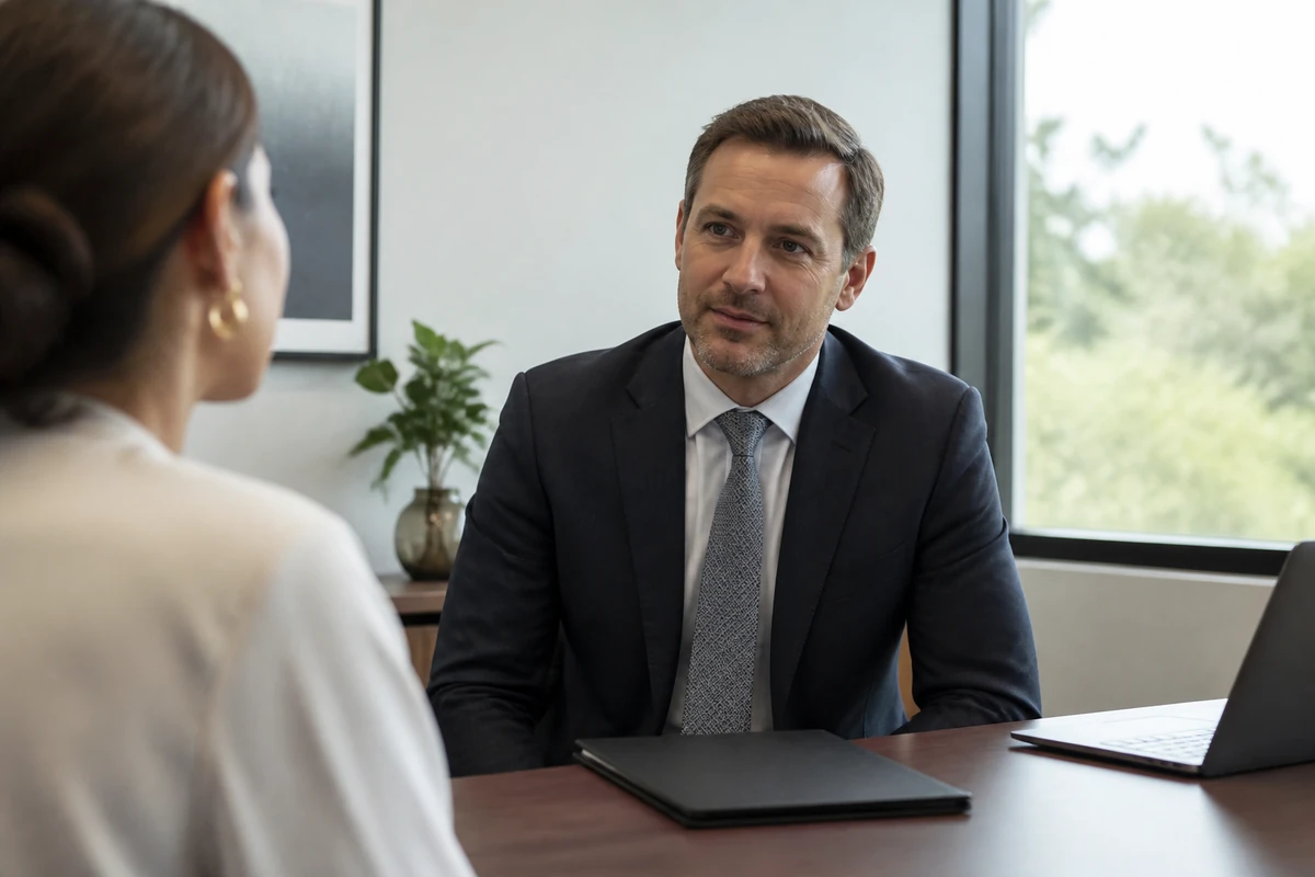 Family lawyer speaking calmly with a client in a private consultation room