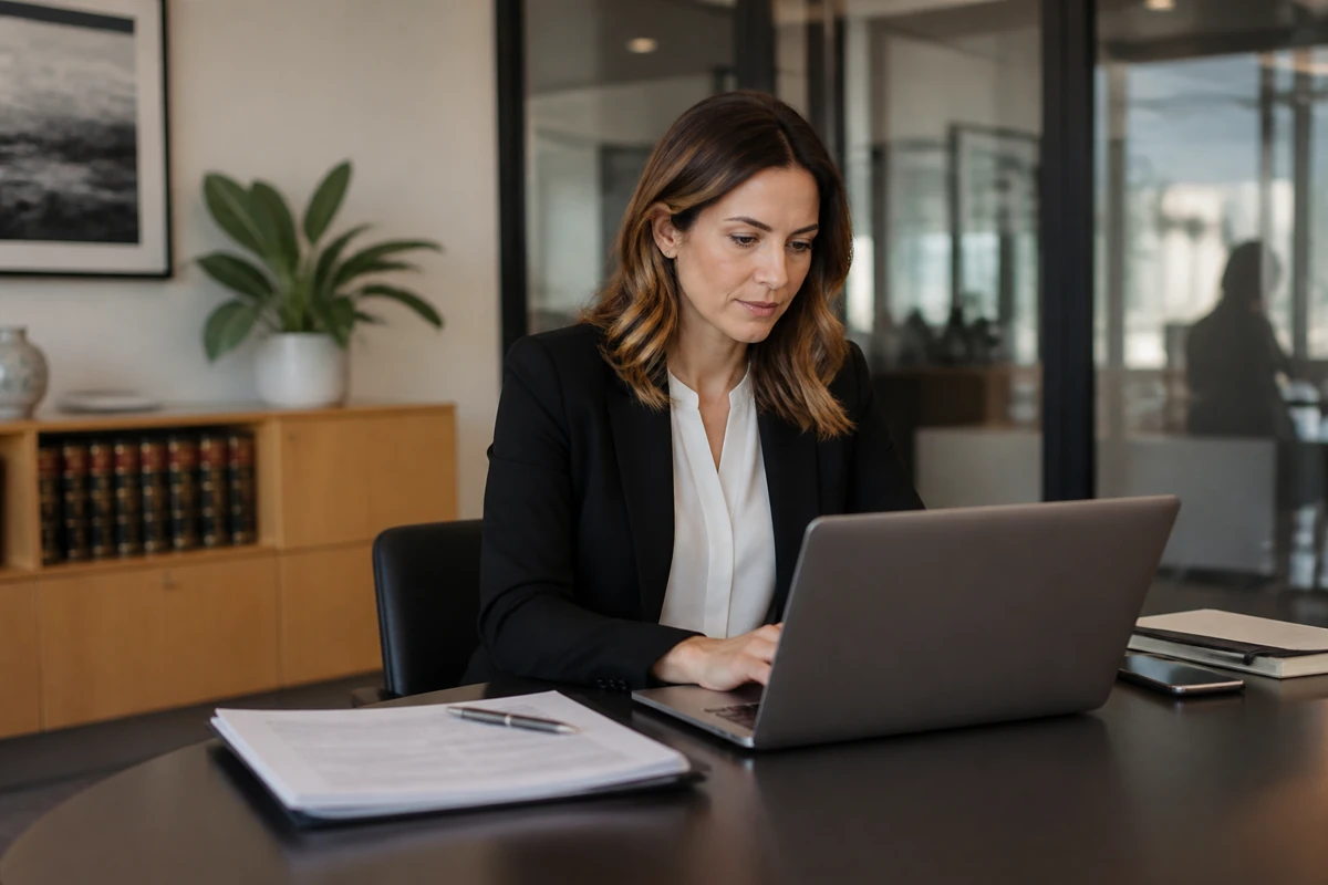 Professional business owner reviewing online visibility and enquiry opportunities for law firms businesses
