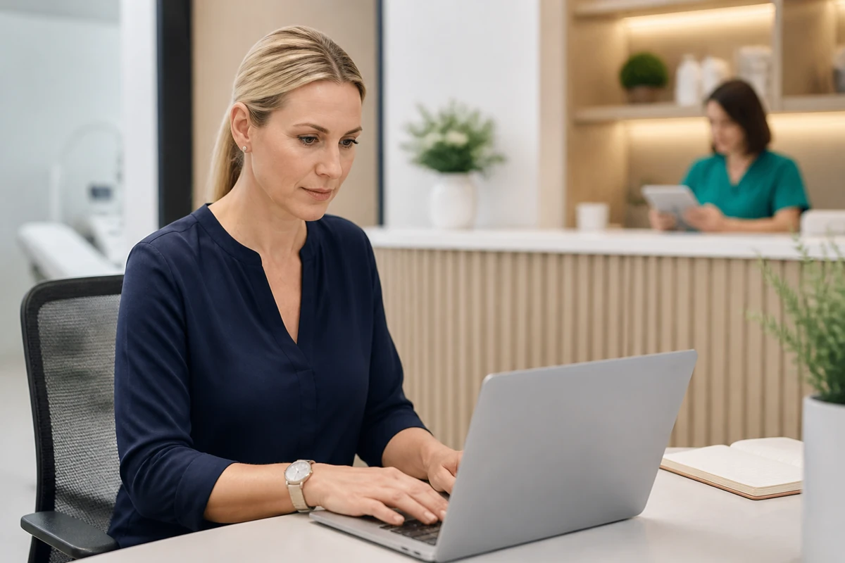 Professional business owner reviewing online visibility and enquiry opportunities for healthcare businesses